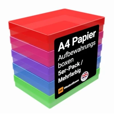 Abbildung von WestonBoxes A4 Bunte Transparente Kunststoff Aufbewahrungsboxen mit Deckel für Bastelbedarf, Papier und Karte (Mehrfarbig/Transparent, 5er Pack)