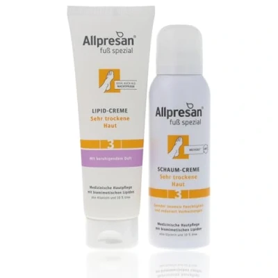 Abbildung von Allpresan Fuß spezial Nr. 3 SET aus Lipid Creme 125 ml mit beruhigendem Duft und Schaum ohne zur täglichen Feuchtigkeitspflege sehr trockener Füße