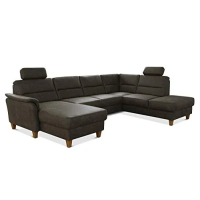 Abbildung von CAVADORE Wohnlandschaft Palera / U Form Federkern Sofa mit Schlaffunktion, Stauraum und 2 Kopfstützen 314 x 89 212 Mikrofaser in Lederoptik, Oliv