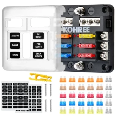 Abbildung von Kohree 6 Fach kfz Sicherungshalter, Sicherungshalter 12 Volt, DC 12V Sicherungskasten 100A mit 30pcs Flachsicherungen, LED Anzeige, Schutzabdeckung Sicherungsdose Sicherungsträger für Auto Boot SUV