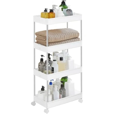 Abbildung von SONGMICS Rollwagen, Küchenwagen mit 4 Ebenen, Küchenregal, Nischenregal, 6 Haken, 360 drehbare Räder, arretierbar, Stahlgestell, Bad, Küche, Büro, wolkenweiß KSC10WT