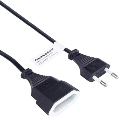 Abbildung von PremiumCord Verlängerungskabel 230V 2m, Euro Verlängerung mit Eurostecker und Buchse, Stromkabelverlängerung für 230V, Stecker auf Farbe schwarz