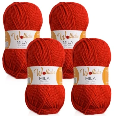 Abbildung von Wollidu Mila Garn zum Häkeln und Stricken 4 x 50g/133m Strickgarn 100% Polyacryl Häkelgarn Feuer Rot