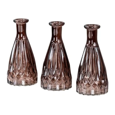 Abbildung von 3er Set Vasen Glas H15cm Braun Blumenvase Tischdeko Braunglas Glasvase Blumendeko Herbstdeko Vintage Kristallmuster Dekovase