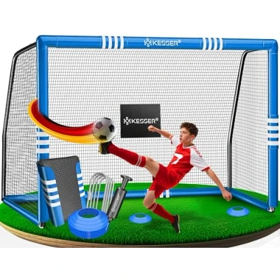 Abbildung von KESSER® Fußballtor Hochwertiges 300cm, Training Schusstraining UV beständigem Netz, Stahlrahmen mit Polsterung, Erdhaken, Luftpumpe, Hüttchen, Montagezubehör für Kinder und Erwachsene