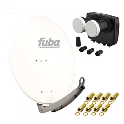 Abbildung von HD Digital Sat Anlage 2 Satelliten Astra/Hotbird 4 Teilnehmer Fuba DAA780W Schüssel 78cm weiß + DUR line MB6 QS Monoblock Quad LNB 6 (DVB S2, HDTV, 4K/8K, 3D) 8xF Stecker vergoldet
