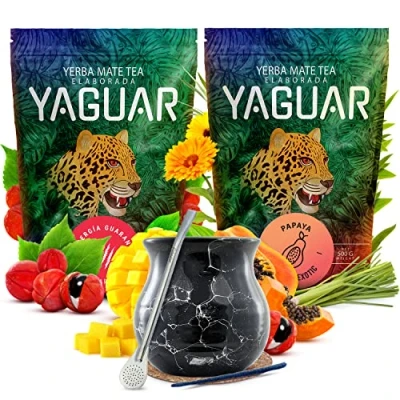 Abbildung von Set anregender Mate Tee mit Zubehör Zweierpack Yaguar Guarana, Papaya Gereifter aus Brasilien Mild Natürliches Koffein 2x500g 1kg