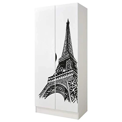 Abbildung von Leomark Weiß zweitüriger Kleiderschrank für Kinder Roma funktionaler Schwebetürenschrank, Dim: 70 x 42,5 161,5 (H) cm, Kommode, Schrank, Möbel Kinder, UV Druck: Eiffelturm