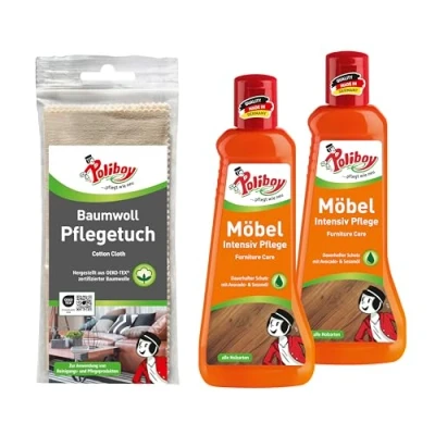 Abbildung von poliboy 99A3401, Möbel Intensiv Pflege 2x200 ml mit Baumwolltuch Möbelreiniger (zur Reinigung, und Schutz von Möbeln Made in Germany)