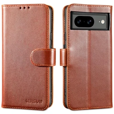 Abbildung von LENSUN Echtleder Hülle für Google Pixel 8, Handyhülle [Echtes Leder] [Magnetverschluss] [Standfunktion] Handytasche Lederhülle 8 5G Dunkelbraun