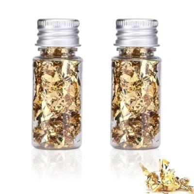 Abbildung von Blatt Flocken Gold Folien Blattgold, 2 Flaschen Blattgoldflocken Folie Cupcake Cake Topper für Kuchen Pralinen Lebensmitteldekoration
