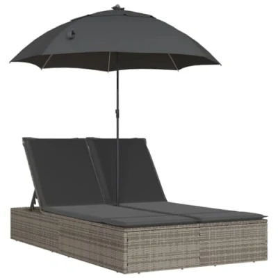 Abbildung von vidaXL Gartenliege Doppel Sonnenliege mit Kissen &amp; Sonnenschirm Grau Poly Rattan, 1 St.