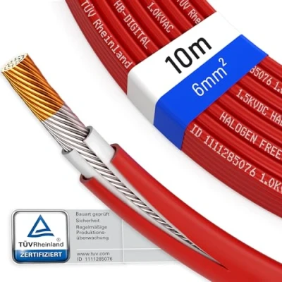 Abbildung von HB DIGITAL 10m Solarkabel H1Z2Z2 K TÜV Rheinland zertifiziertes 6mm² flexibel UV witterungsbeständig PV Kabel reines Kupfer 1500V DC für Solarpanel Wechselrichter Photovoltaik Rot