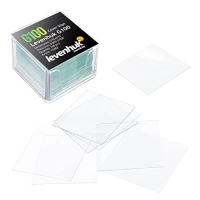 Abbildung von Levenhuk G100 Hochtransparente Mikroskop Deckgläser mit Polierten Kanten für die Präparation von Laborproben in Kombination Leeren Objektträgern