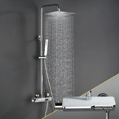 Abbildung von Görbach Regendusche Duschset mit Duscharmatur Komplettset, Edelstahl Duschsystem Thermostat, Überkopfbrause, Handbrause, Duschstange Chrom (2020CP)