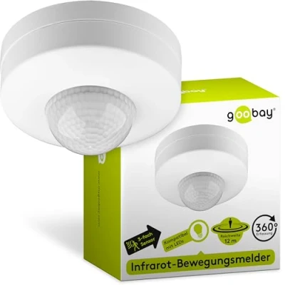 Abbildung von Goobay 96007 Infrarot Bewegungsmelder für Innen IP20, 3fach PIR Sensor 360 LED Deckenleuchte Melder Decke Aufputz Montage 6 m Reichweite IDA Weiß