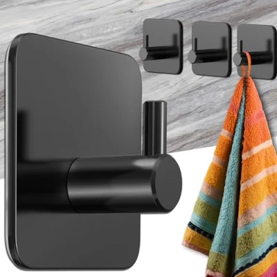 Abbildung von Menz Handtuchhalter ohne Bohren 4 Stück schwarze Badezimmer Handtuchhalter, Edelstahl Klebehaken, funktionale Haken, Haken selbstklebend, Handtuchhaken für Bad, Küche, mit wasserfesten Klebepads