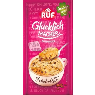 Abbildung von RUF Glücklichmacher Tassenkuchen Schokoletto, saftiger mit Schokoladenstückchen, in 90 Sekunden fertig, einfacher Mikrowellenkuchen für spontanen Kuchengenuss, 1 Portion