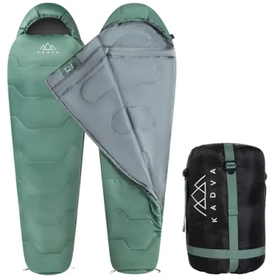 Abbildung von KADVA Camping Schlafsack Mumio L 230 x 80 cm Winter mit Kapuze für den Kopf Komforttemperatur 4 Grad Ideal Hohe Wärmespeicherung Ripstop Technologie (Grün)