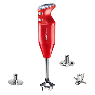 Abbildung von bamix Stabmixer Set M250 PRIME inkl. Multifunktionsmesser, Quirl, Schlagscheibe aus Edelstahl, 250 Watt, 2 Stufen, Made in Switzerland, Rot/Chrom
