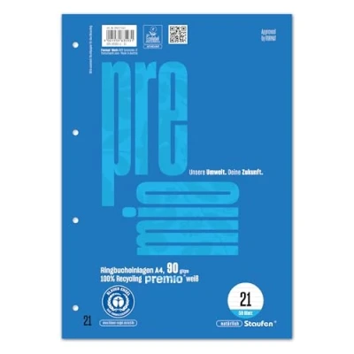 Abbildung von Staufen premio Ringbucheinlagen 5 Blöcke je 50 Blatt, DIN A4, Lineatur 21 (9 mm liniert), 4 fach Lochung, 90 g/m² Recyclingpapier