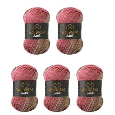 Abbildung von 5 x 100g Wollbiene Batik 500 Gramm Wolle mit Farbverlauf mehrfarbig Multicolor Strickwolle Häkelwolle (5050 braun beere rosa)
