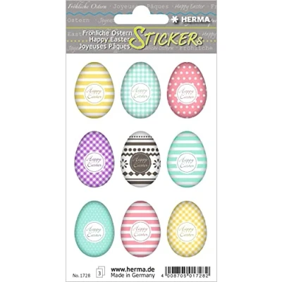Abbildung von HERMA 1728 Aufkleber Ostereier Bunt klein, 27 Stück, Ostern Sticker mit Ostermotiven, Happy Easter Etiketten für Ostergeschenke Osterdeko Scrapbooking Dekoration Geschenk Briefe DIY Basteln