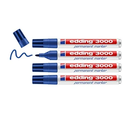 Abbildung von edding 3000 Permanentmarker blau 4 Stifte Rund Spitze 1,5 3 mm schnell trocknender Permanent Marker wasserfest, wischfest für Karton, Kunststoff, Holz, Metall Universalmarker