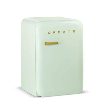 Abbildung von CREATE / RETRO FRIDGE 83.5 GOLD/Kühlschrank in Pastellgrün, Griff Gold 98W, niedriger Verbrauch, 2 Ablagen, Temperaturregler, Flaschenhalter, 56x54x84cm
