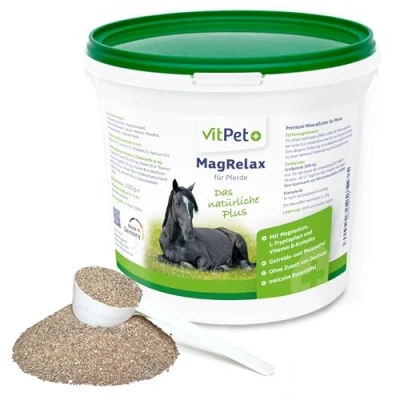 Abbildung von VitPet+ MagRelax für Pferde Magnesium Pferd mit Tryptophan und Vitamin B Komplex Unterstützt Entspannung, Muskulatur Nervensystem 2 kg inklusive Dosierlöffel