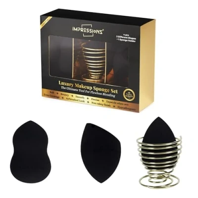 Abbildung von ImpressionZ Top grade Makeup Sponge Set 3 Pcs Blending Sponges with 1 Holder Multi shape Cosmetic Applicator for Foundation, Liquid, Cream, and Powder Vegan &amp; Cruelty Free