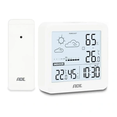 Abbildung von ADE Kleine digitale Wetterstation funk mit Außensensor und Wettervorhersage Innen Außentemperatur Luftfeuchtigkeit Funkuhr Wecker inkl. Batterien weiß