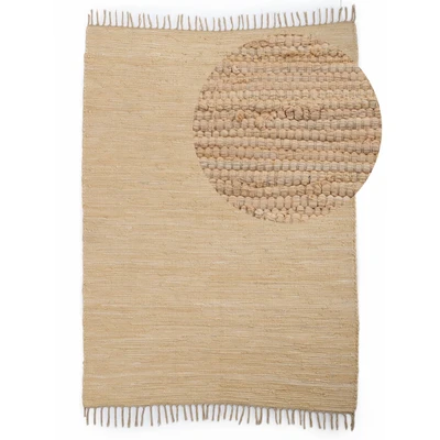 Abbildung von carpetfine Flickenteppich Kelim Chindi Uni Läufer Beige 60x180 cm, handgewebt Fleckerlteppich aus Baumwolle für Wohnzimmermit Fransen