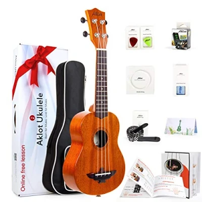 Abbildung von AKLOT Ukulelen Sopran 21 Zoll Ukulele Professional Anfänger Hawaii Gitarre Musikinstrumente Bundle mit Robustes Buch, Stimmgerät, Tasche, 3 Picks und Aquila Qualitäts Saiten