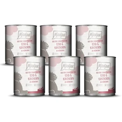 Abbildung von MjAMjAM Premium Nassfutter für Katzen DUO von schmackhaftem Rind &amp; Kaninchen an Möhrchen, 6er Pack (6 x 800g), getreidefrei mit extra viel Fleisch