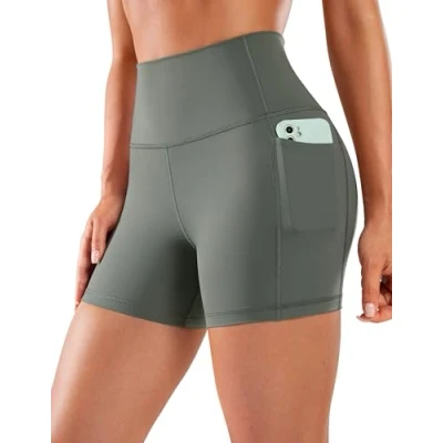 Abbildung von CRZ Yoga Naked Feeling Damen Kurze Leggings High Waist Radlerhose Fitness Sporthose mit Taschen 10cm Grauer Salbei 42