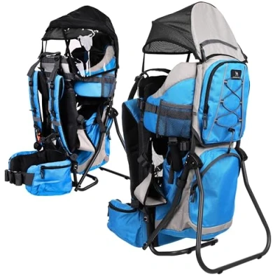 Abbildung von DROMADER Kraxe Kindertrage bis 22kg Kindertragerucksack für Kinder tragbare Kinderrückentrage Reise Kinderkraxe mit Aufbewahrungstasche, Sonnendach und Regenschutz Blau