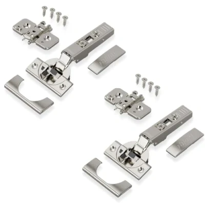 Abbildung von 2 x BLUM CLIP top BLUMOTION Möbel Scharnier 110, gerade mit Feder, Eckanschlag + Exzenter Kreuzmontageplatte, Stahl, Schraubvariante, Distanz 0 mm, Topfband ø=35mm