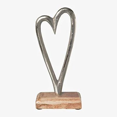 Abbildung von creativ home Aluminium Herz auf HOLZBASE. Ca 18 cm. EIN Aluherz, Silber, montiert einen Holzsockel. 6320507 49