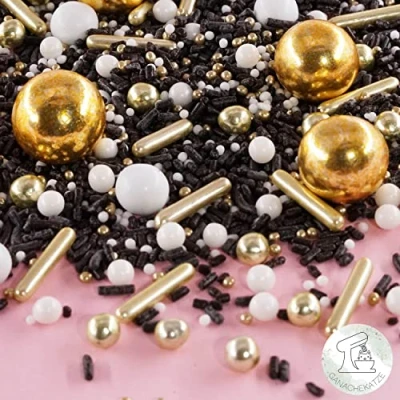 Abbildung von STREUSEL Weihnachten goldene Nacht schwarz weiss gold 180g GLÜCK schwarze Weihnachtsstreusel Zuckerstreusel Sprinkles Christmas Tortendeko Plätzchen verzieren Kuchenstreusel
