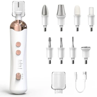 Abbildung von Vexloria Maniküre Set Elektrisch, USB Wiederaufladbar Pediküre Fußpflege Elektrisch Nagelfeile mit 8 Aufsätze, LED Licht, Nagelpflege für Schöne Hände und Füße, (Weiß, Roségold) MJQ005