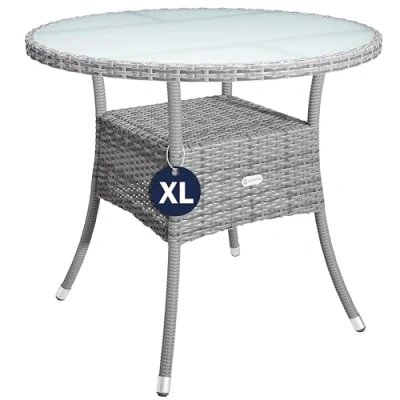 Abbildung von Casaria® Gartentisch Polyrattan Wetterfest Rund Klein 80cm Grau Glas Tischplatte 80kg Belastbar Outdoor Terrasse Balkon Bistro Tisch Beistelltisch