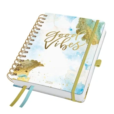 Abbildung von SIGEL J6606 Spiralkalender 2026 A5, Good Vibes, Hardcover, Gummiband, Stiftschlaufe, Einstecktasche, 2 Zeichenbänder, 240 Seiten, vegan, Buchkalender, Terminplaner