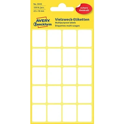 Abbildung von AVERY Zweckform 3043 Haushaltsetiketten selbstklebend (22x18 mm, 120 Aufkleber auf 6 Bogen, Vielzweck Etiketten für Haushalt, Schule und Büro zum Beschriften Kennzeichnen) blanko, weiß