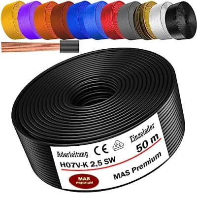 Abbildung von MAS Premium Von 5 bis 100m Aderleitung H07 V K 2,5 mm² SW, HBL, GNGE, RT, DBL, BR, OR, GR, WS, VIO oder GE Einzelader flexibel (Schwarz, 50m)