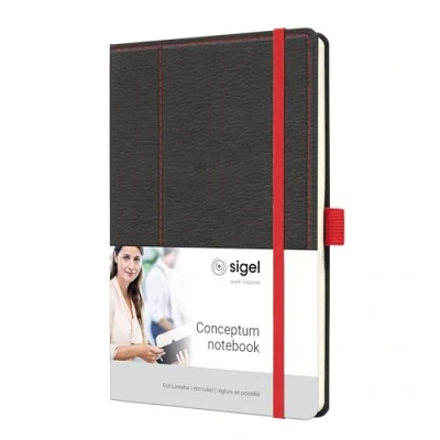 Abbildung von SIGEL CO695 Premium Notizbuch, Leder Look, dotted, ca. A5, grau, rot, Hardcover, 194 nummerierte Seiten, nachhaltiges Papier, mit Inhaltsverzeichnis, Stiftschlaufe, Falttasche, Conceptum