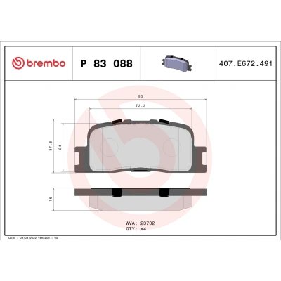 Abbildung von BREMBO P 83 088 Bremsbelagsatz exkl. Verschleißwarnkontakt ohne Zubehör TOYOTA: Camry V Limousine, Highlander I