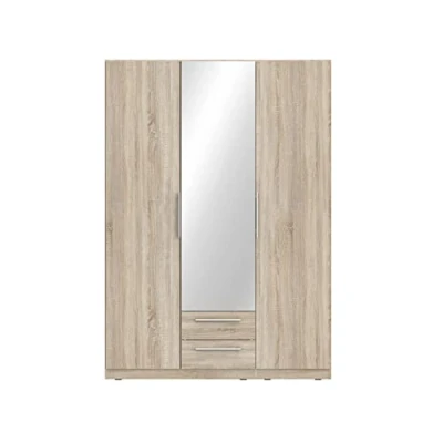 Abbildung von FORTE CADIXO Schrank 150 160, Kleiderschrank mit Spiegel, Drehtürenschrank Schalfzimmerschrank Skandinavisch, 3 türig 2 Schubladen, Holzdekor: Sonoma Eiche, cm breit x 213 hoch 59 tief