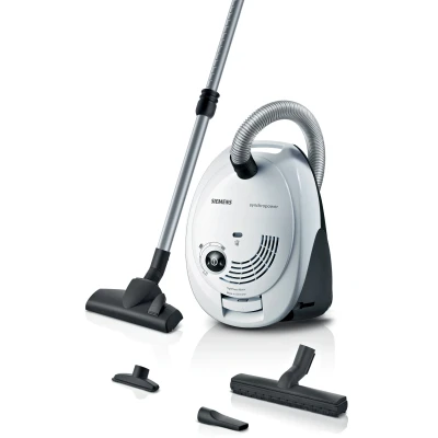 Abbildung von SIEMENS Bodenstaubsauger VS06WH1T, Made in Germany, Hygiene Filter, kompakt, leicht, 850 W, mit Beutel, hohe Saugkraft, spezielle Hartbodendüse, integriertes Zubehör, weiß