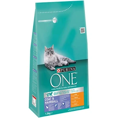 Abbildung von PURINA ONE BIFENSIS Coat and Hairball Katzentrockenfutter: reich an Huhn, für gesunde Haut &amp; Harnwege, schönes Fell, reduziert Haarballenbildung, 3 x 1,5 kg